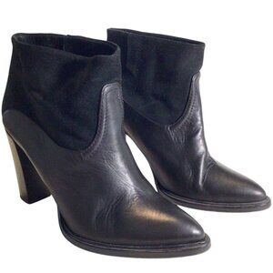 ALLSAINTS Pointed Toe Black Suede & Leather Ankle Boots 39 US 9 Moto Block Heel